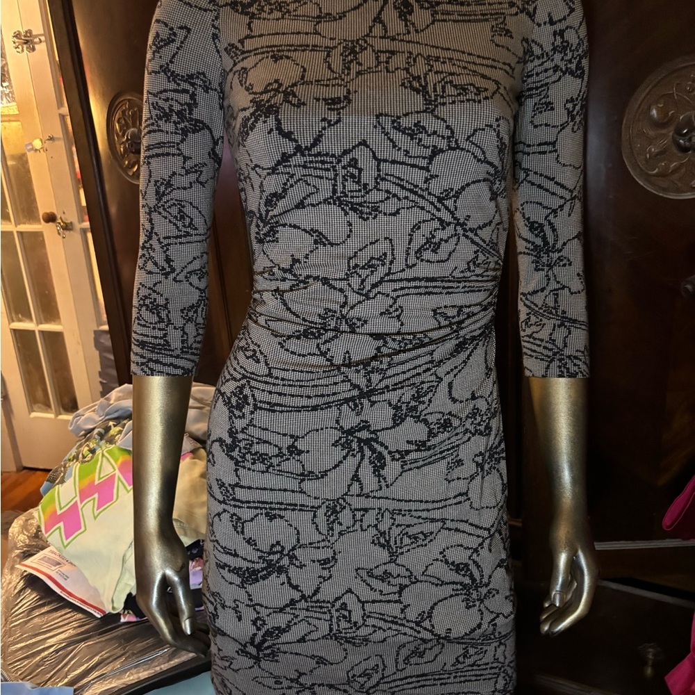 David Meister Black and Gray Long Sleeve Dress